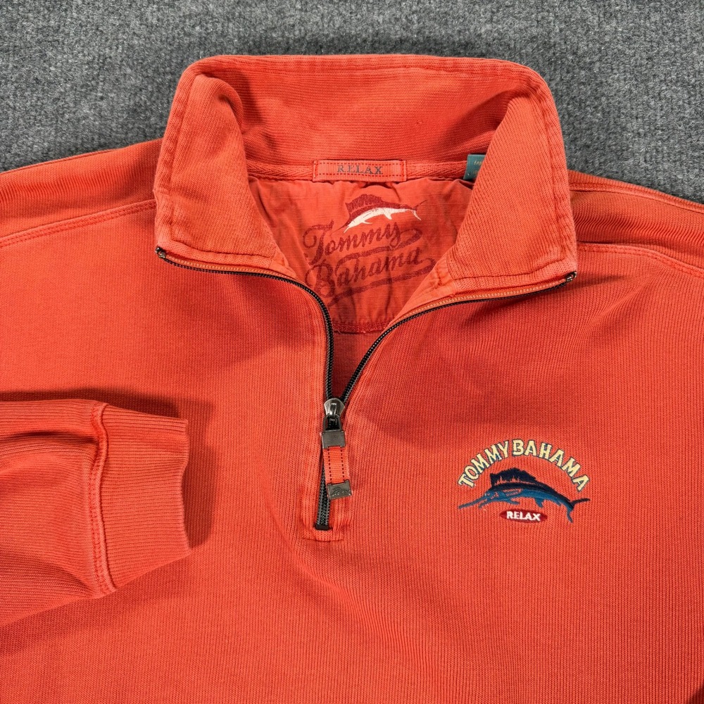 Tommy Bahama Relax Mens Medium Burnt Orange Ribbed 1/4 Zip Cotton Pullover #4141